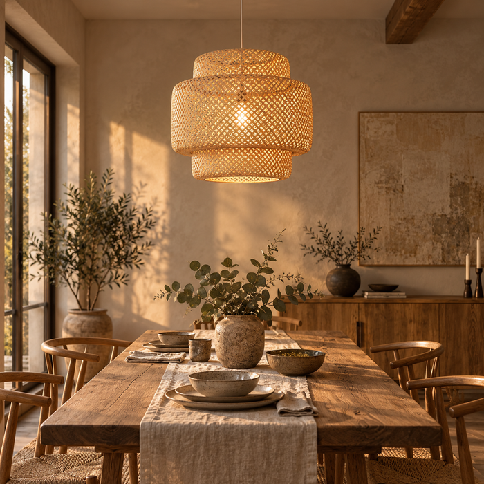 Suspension cloche en bambou tressé Talvea au-dessus d'une grande table en bois