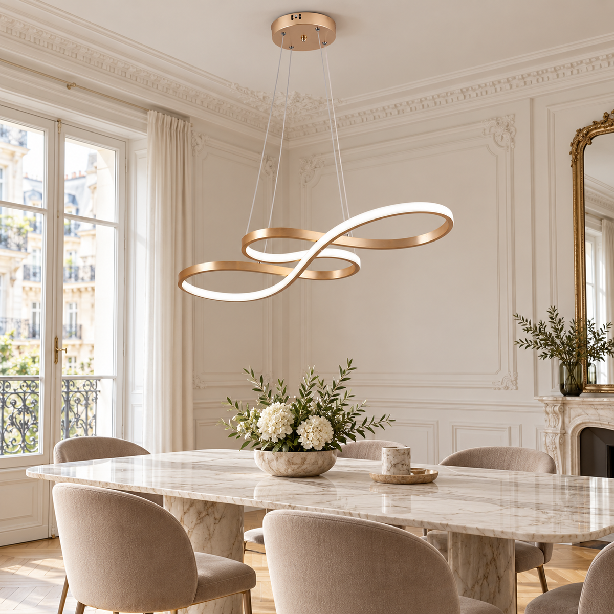 Suspension Sinéa dorée en métal poli et acrylique blanc, installée au-dessus d'une table en marbre dans une salle à manger haussmannienne claire.