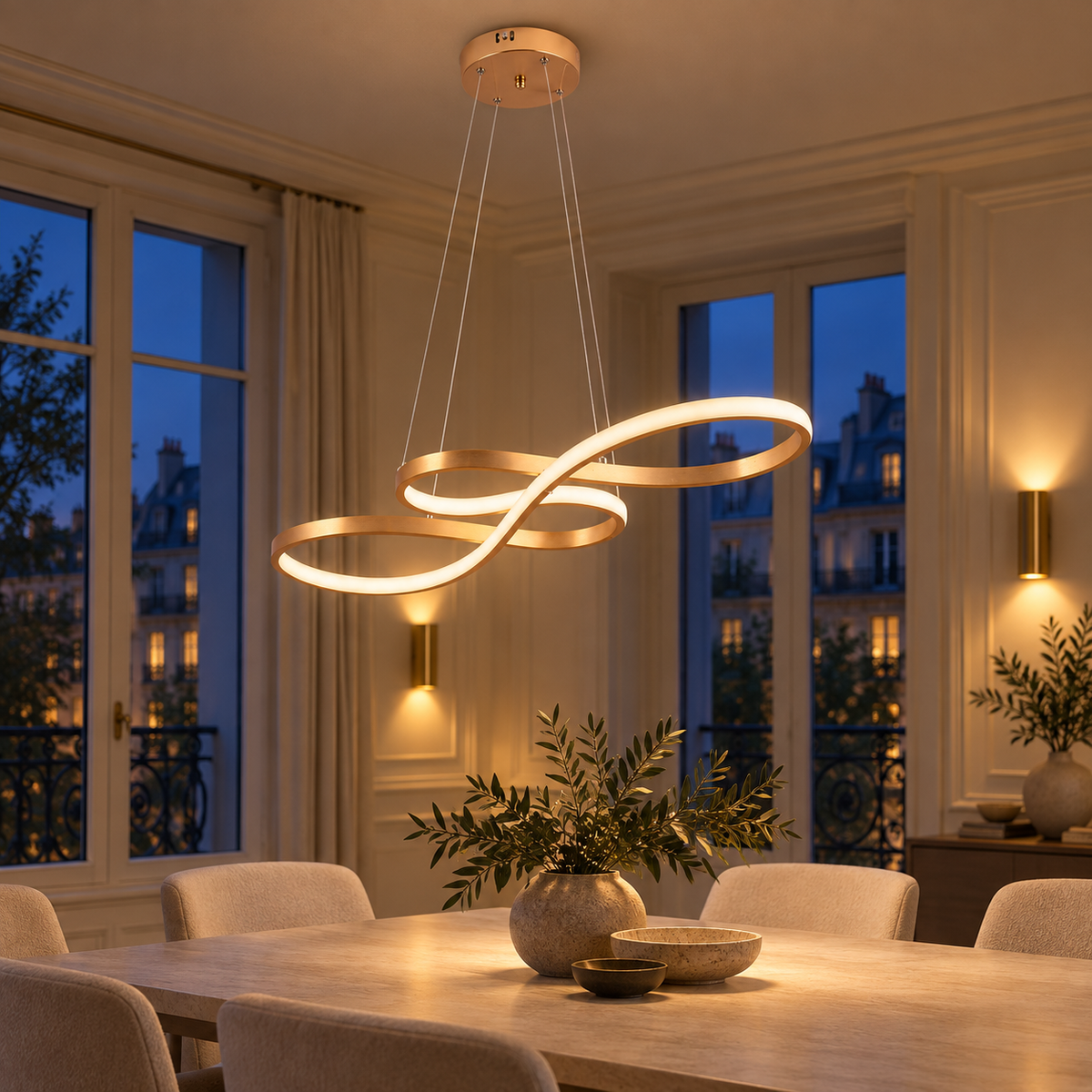 Suspension Sinéa dorée allumée au-dessus d'une table, sa lumière chaude se détachant dans une salle à manger haussmannienne au crépuscule.
