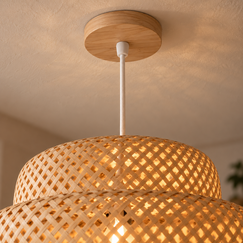 Rosace en bois massif et câble textile de la suspension Talvea