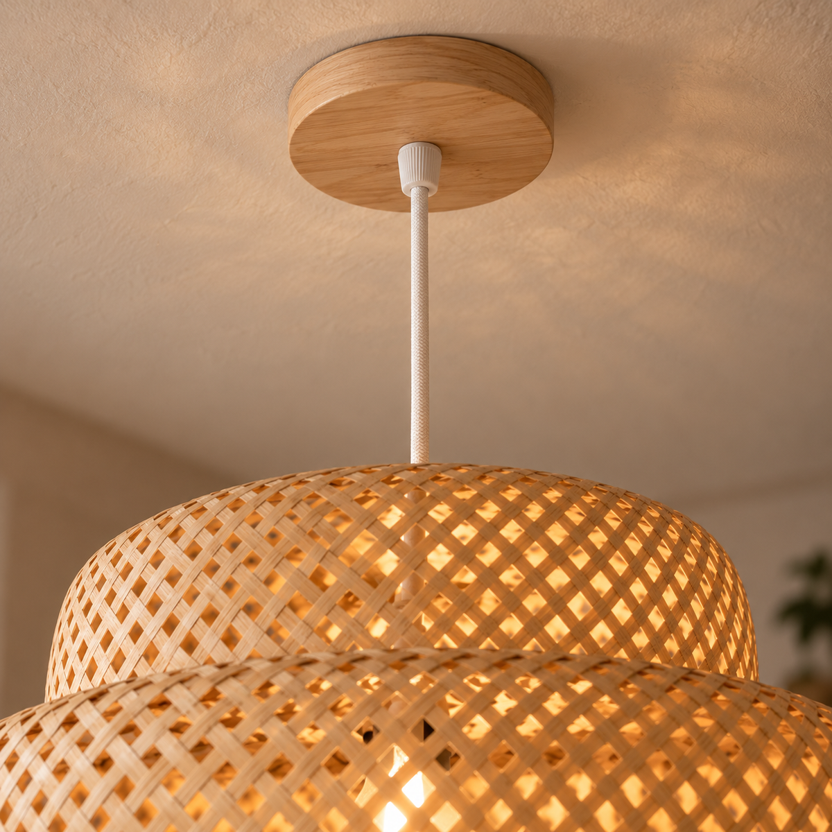 Rosace en bois massif et câble textile de la suspension Talvea