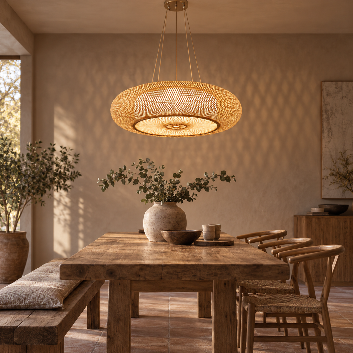 Suspension tambour en bambou tressé Kalona au-dessus d'une grande table en bois