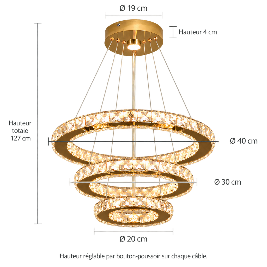 Schéma coté du lustre Auréa : anneaux Ø 40, 30 et 20 cm, hauteur totale 127 cm