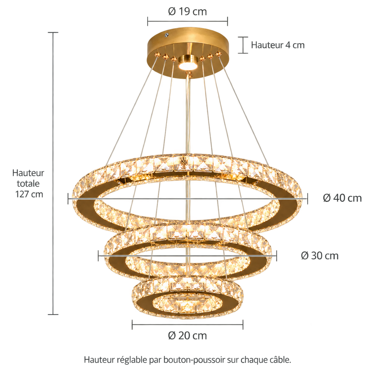 Schéma coté du lustre Auréa : anneaux Ø 40, 30 et 20 cm, hauteur totale 127 cm