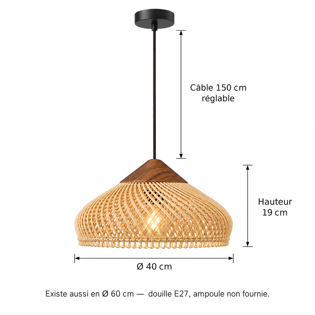 Schéma coté de la suspension Havéa : Ø 40 cm, hauteur 19 cm, câble 150 cm réglable