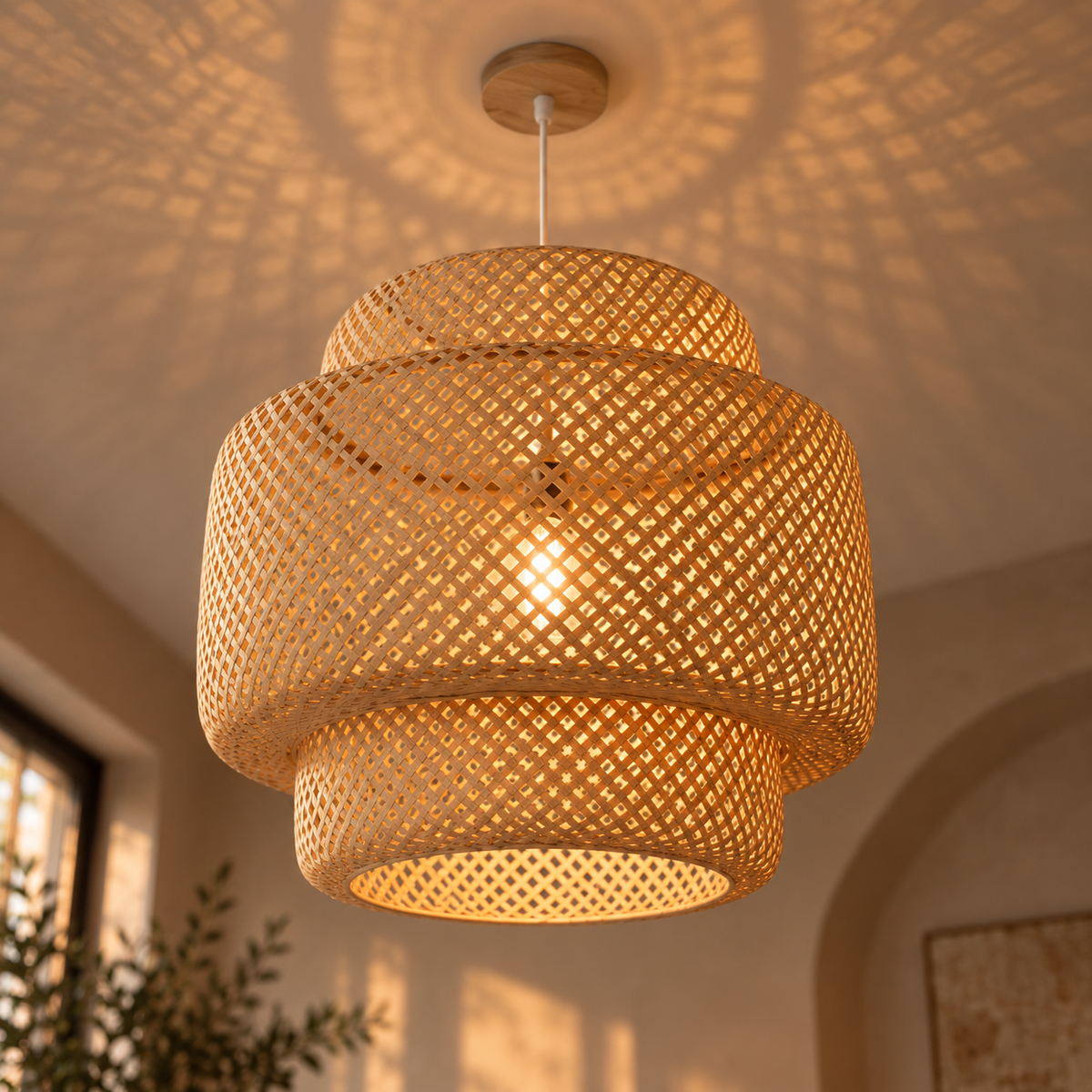 Suspension Talvea vue en contre-plongée, tressage de bambou ajouré