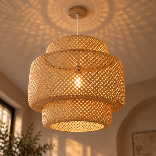 Suspension Talvea vue en contre-plongée, tressage de bambou ajouré