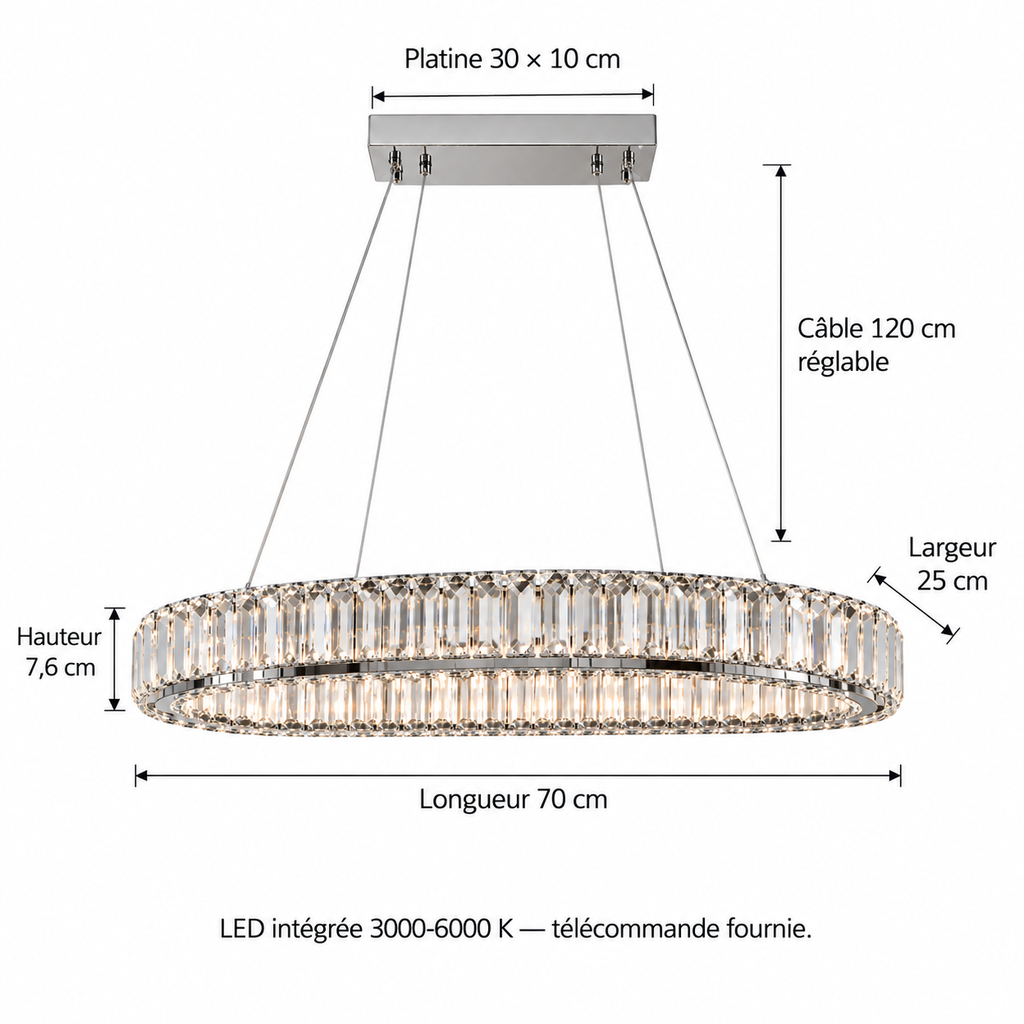 Schéma coté de la suspension Ovalia : longueur 70 cm, largeur 25 cm, hauteur 7,6 cm