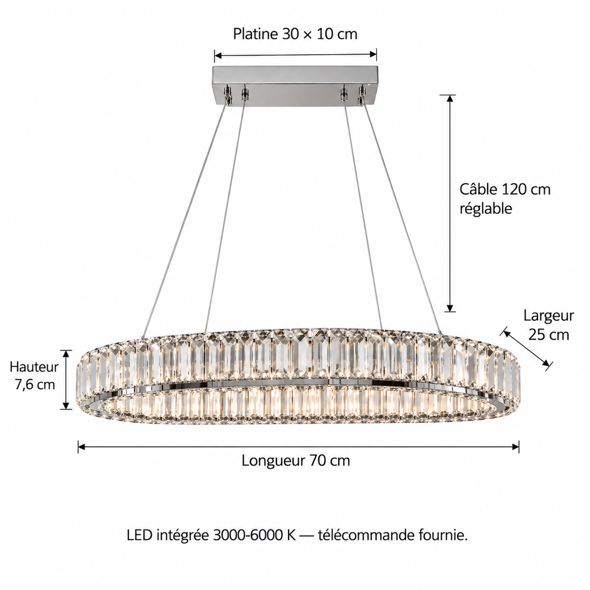 Schéma coté de la suspension Ovalia : longueur 70 cm, largeur 25 cm, hauteur 7,6 cm