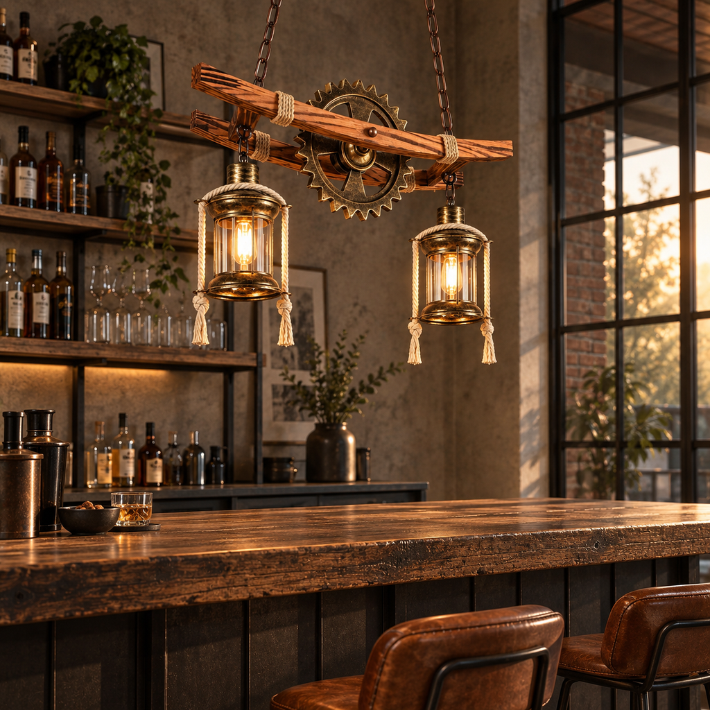 Suspension industrielle Forgia allumée au-dessus d'un comptoir de bar