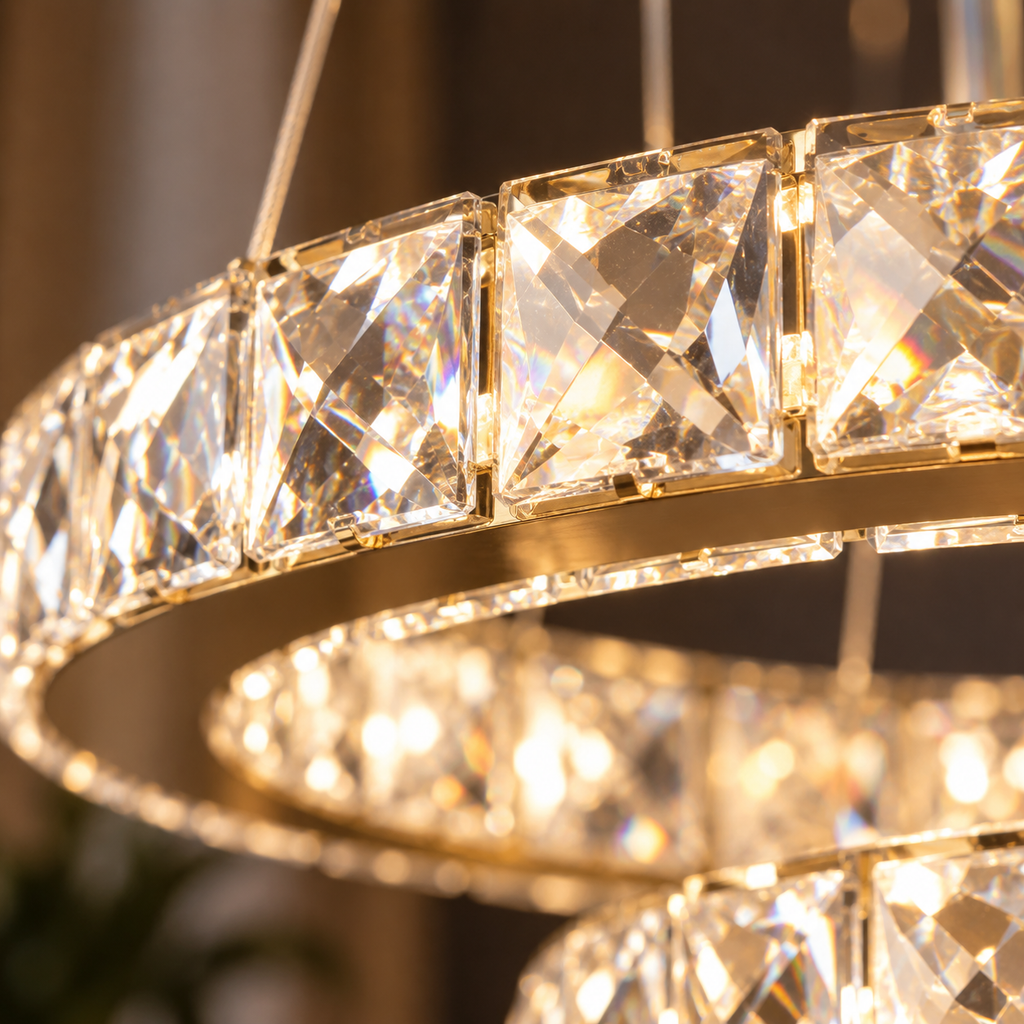 Détail des cristaux et de l'anneau doré du lustre Auréa