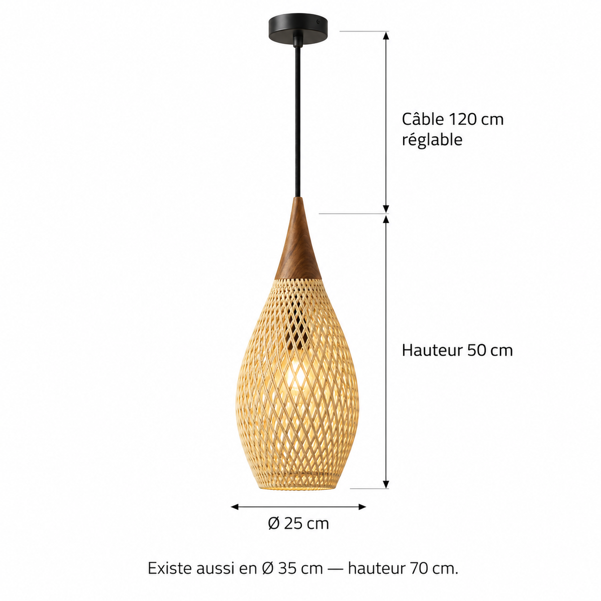 Schéma coté de la suspension Balia : Ø 25 cm, hauteur 50 cm, câble 120 cm réglable
