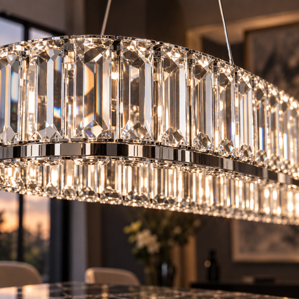 Détail des prismes en cristal K9 et du bandeau chromé de la suspension Ovalia
