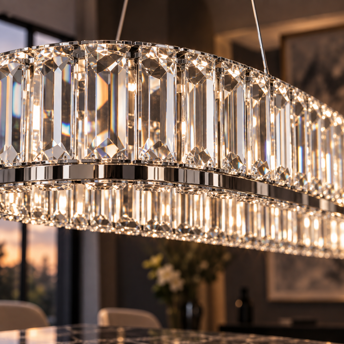 Détail des prismes en cristal K9 et du bandeau chromé de la suspension Ovalia