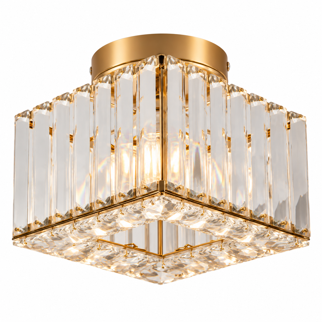 Plafonnier carré en cristal doré Solvia sur fond blanc