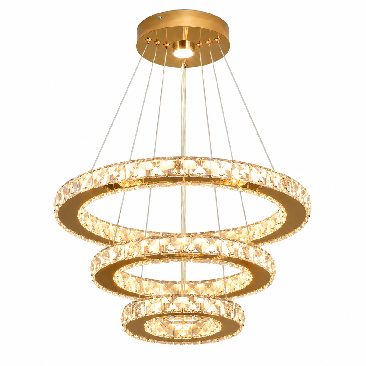 Lustre trois anneaux en cristal doré Auréa sur fond blanc