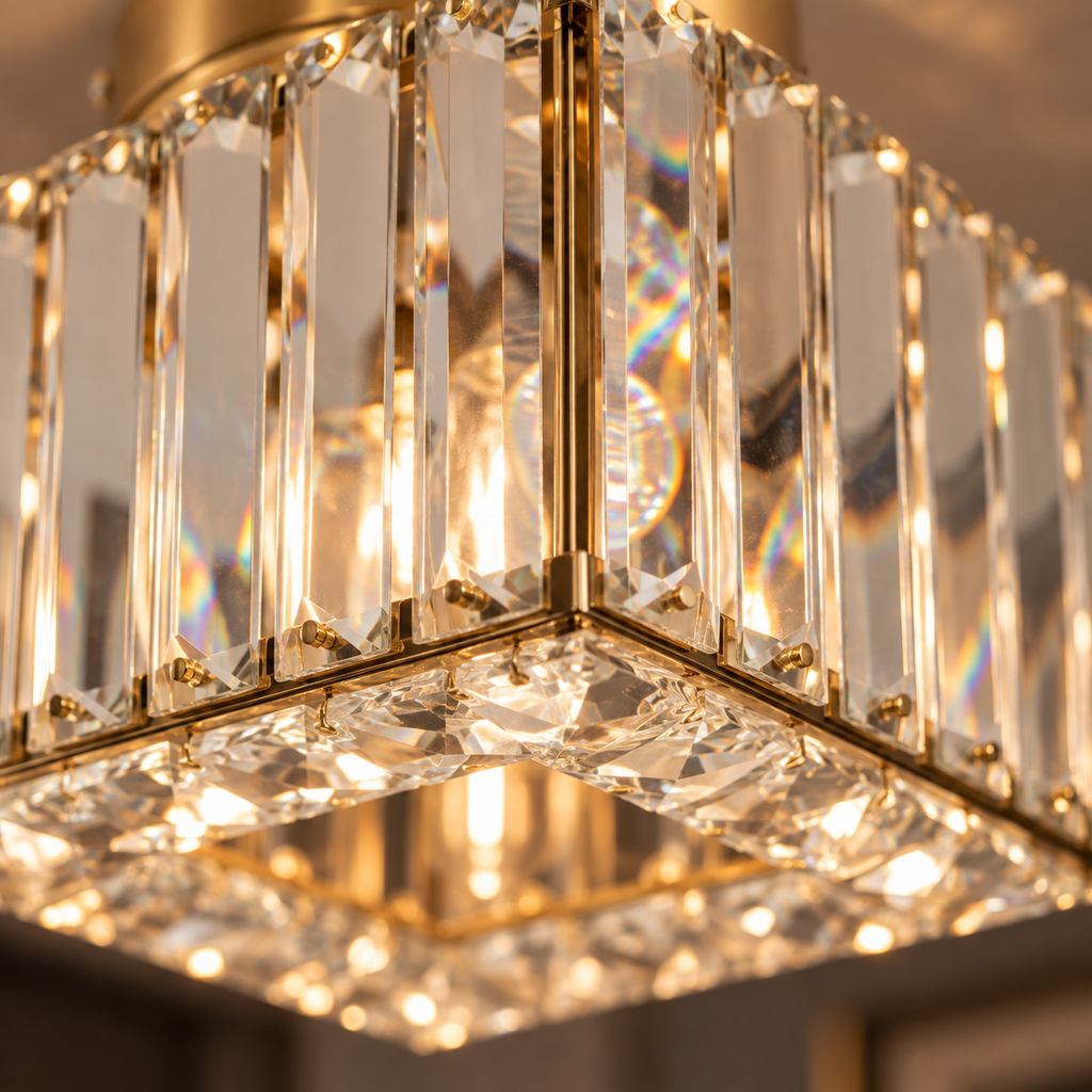 Détail des prismes en cristal biseauté du plafonnier Solvia et de son cadre doré