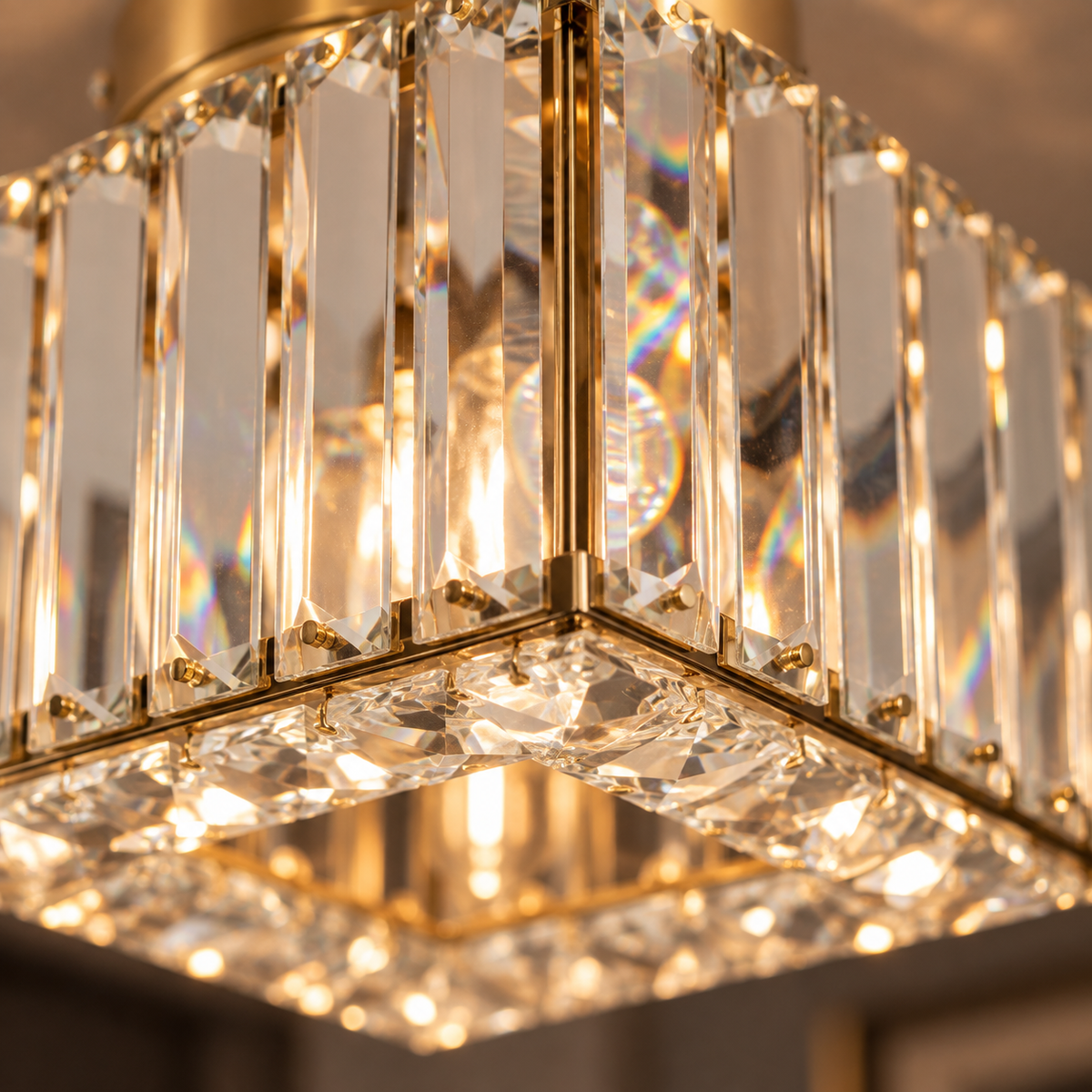 Détail des prismes en cristal biseauté du plafonnier Solvia et de son cadre doré
