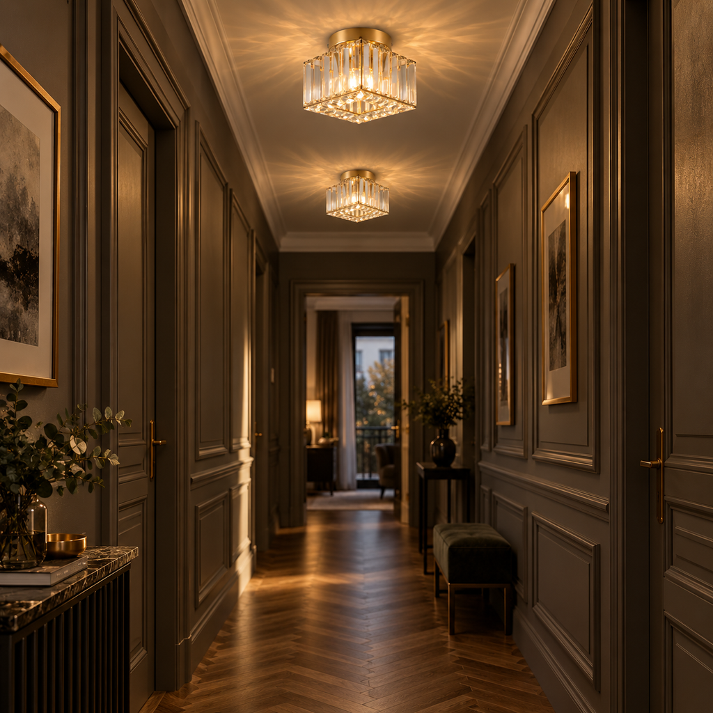 Deux plafonniers carrés en cristal doré Solvia allumés au plafond d'un couloir haussmannien à parquet point de Hongrie