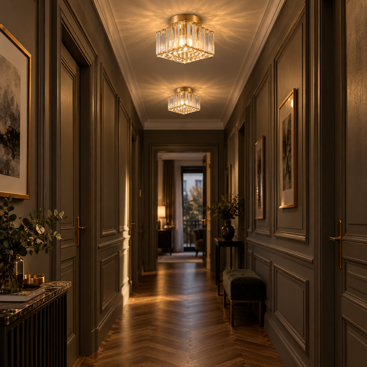 Deux plafonniers carrés en cristal doré Solvia allumés au plafond d'un couloir haussmannien à parquet point de Hongrie