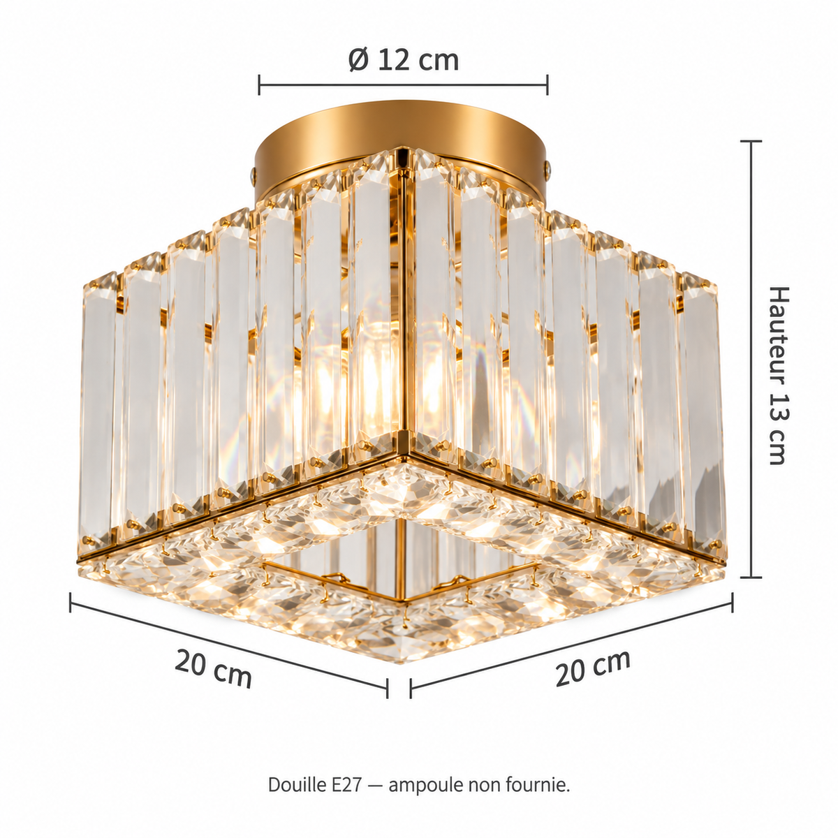 Schéma coté du plafonnier Solvia : 20 × 20 cm, hauteur 13 cm, platine Ø 12 cm