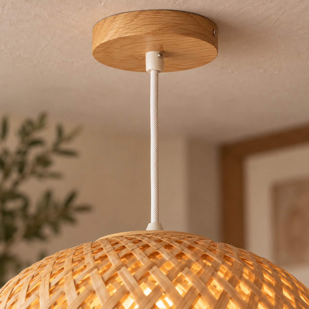 Rosace en bois clair et câble textile de la suspension Rivena