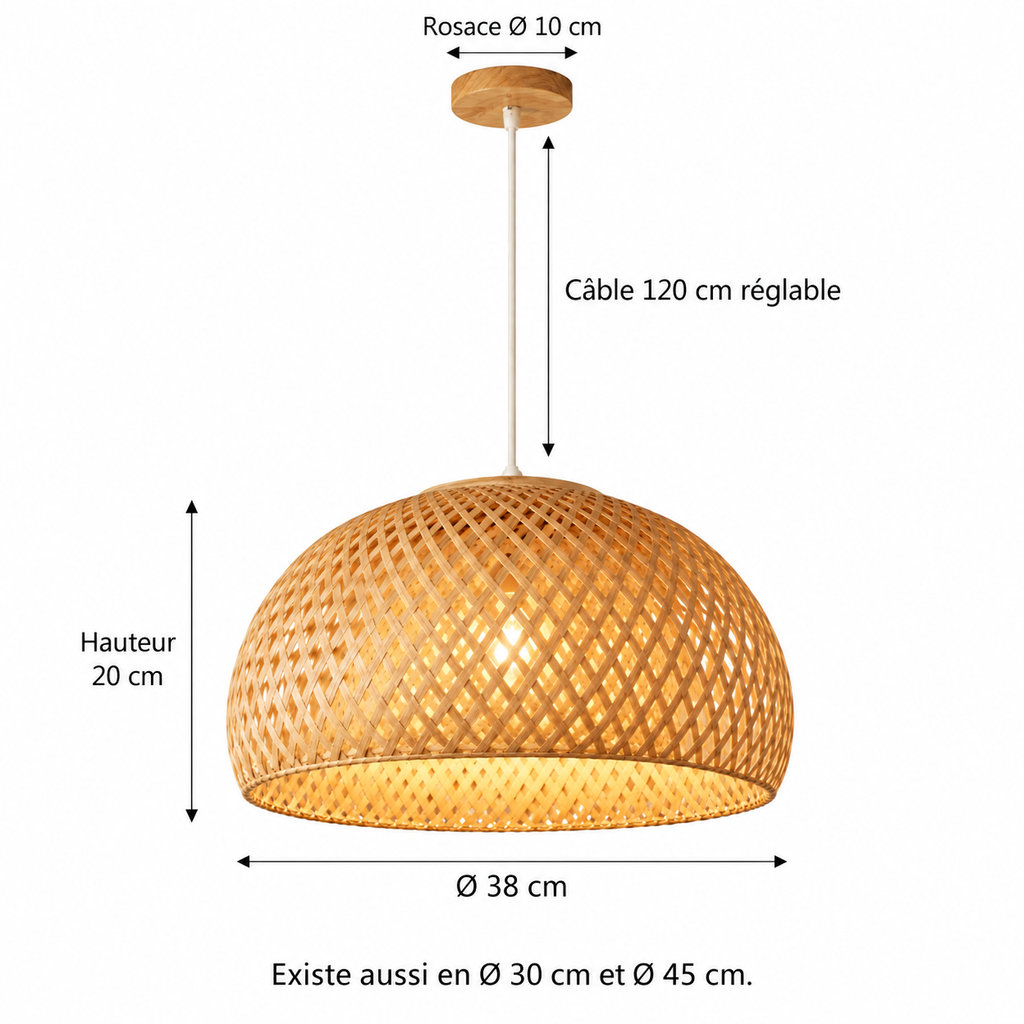 Schéma coté de la suspension Rivena : Ø 38 cm, hauteur 20 cm, câble 120 cm réglable