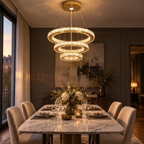Lustre trois anneaux en cristal doré Auréa au-dessus d'une table de salle à manger