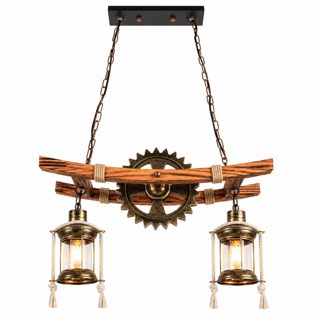 Suspension industrielle en métal et bois Forgia sur fond blanc