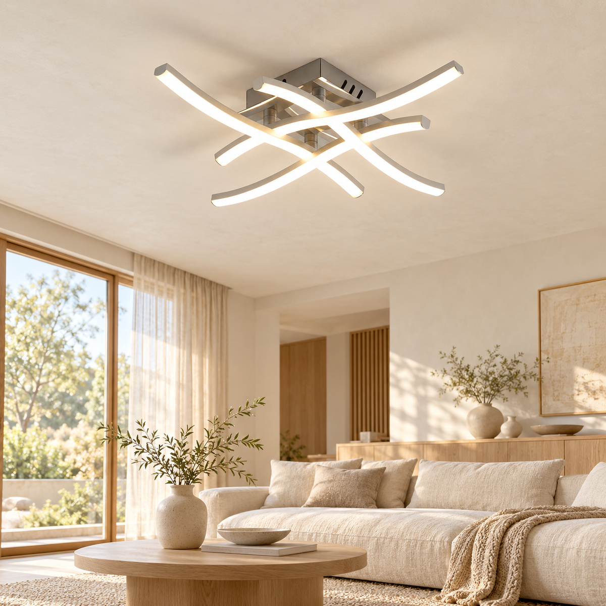 Plafonnier LED Arcéa en aluminium argenté au plafond d’un salon Japandi lumineux aux tons ivoire et chêne clair.