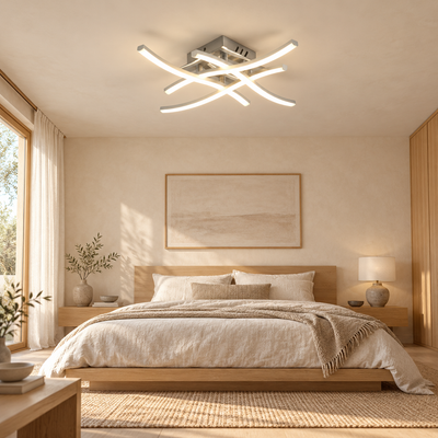 Plafonnier Arcéa argenté au-dessus d’un lit dans une chambre Japandi aux draps en lin et au mobilier en chêne clair.
