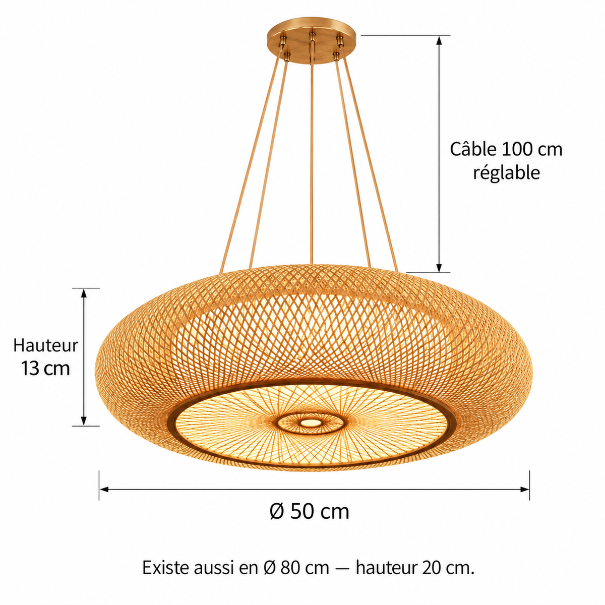 Schéma coté de la suspension Kalona : Ø 50 cm, hauteur 13 cm, câble 100 cm réglable