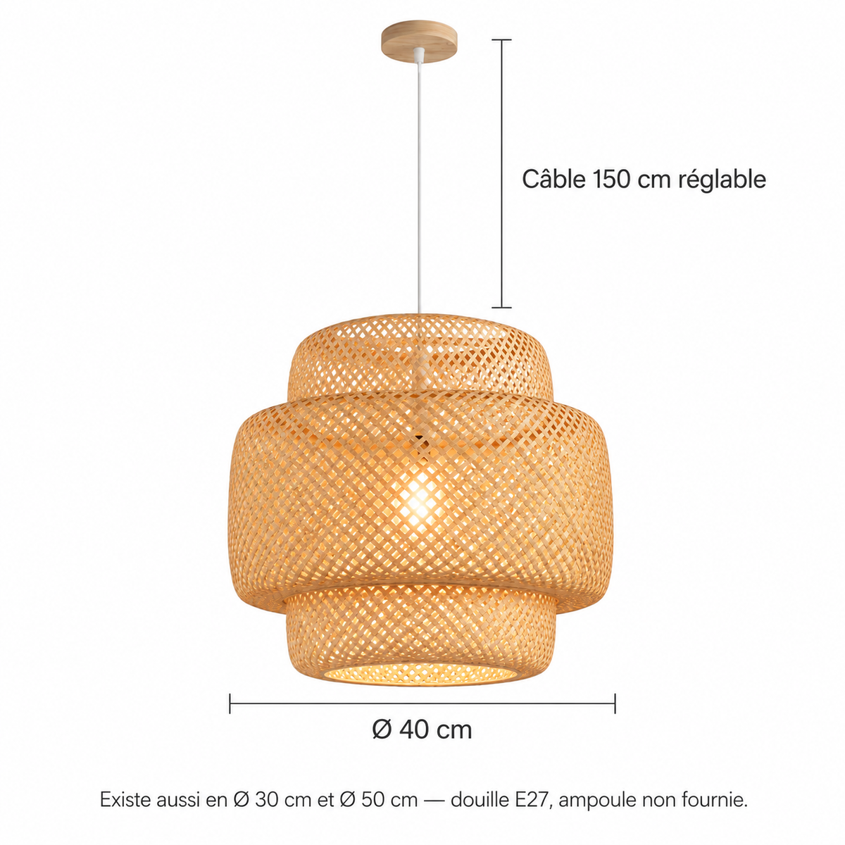 Schéma coté de la suspension Talvea : Ø 40 cm, câble 150 cm réglable