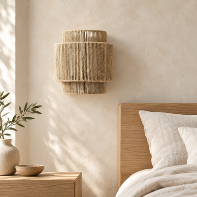 Applique murale Corda en corde naturelle beige sur un mur clair de chambre japandi, près d'un lit en bois clair.