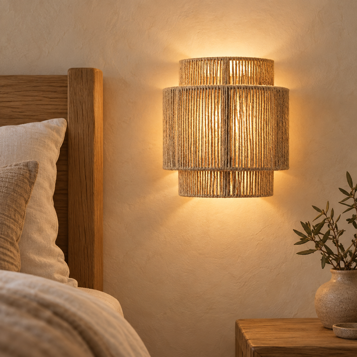 Applique Corda allumée, sa corde naturelle diffuse une lumière chaude sur le mur d'une chambre avec lit en bois.