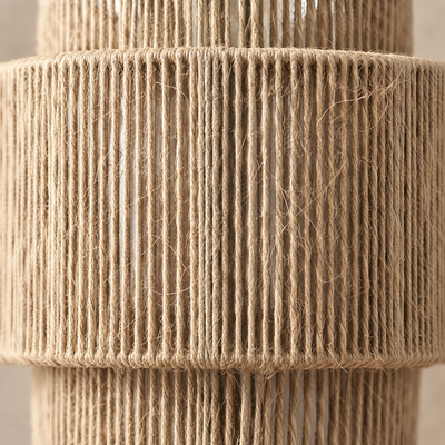 Gros plan sur la corde beige naturelle enroulée autour de l'abat-jour cylindrique de l'applique Corda.