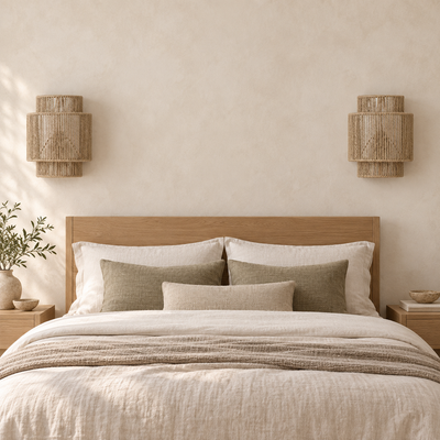 Deux appliques murales Corda en corde naturelle beige encadrent une tête de lit en bois clair dans une chambre japandi.