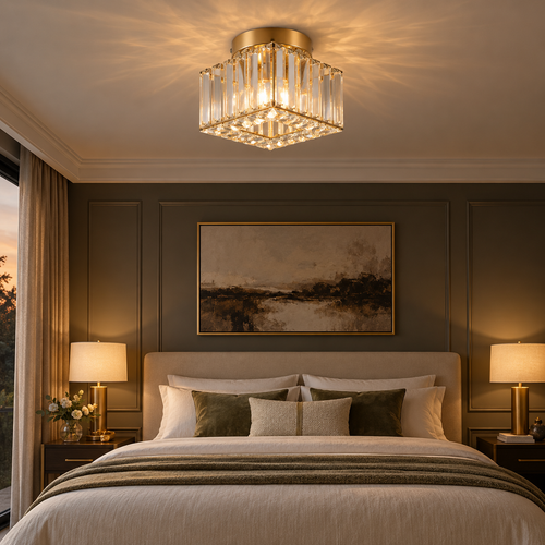 Plafonnier carré en cristal doré Solvia allumé au plafond d'une chambre aux boiseries, au-dessus d'un lit