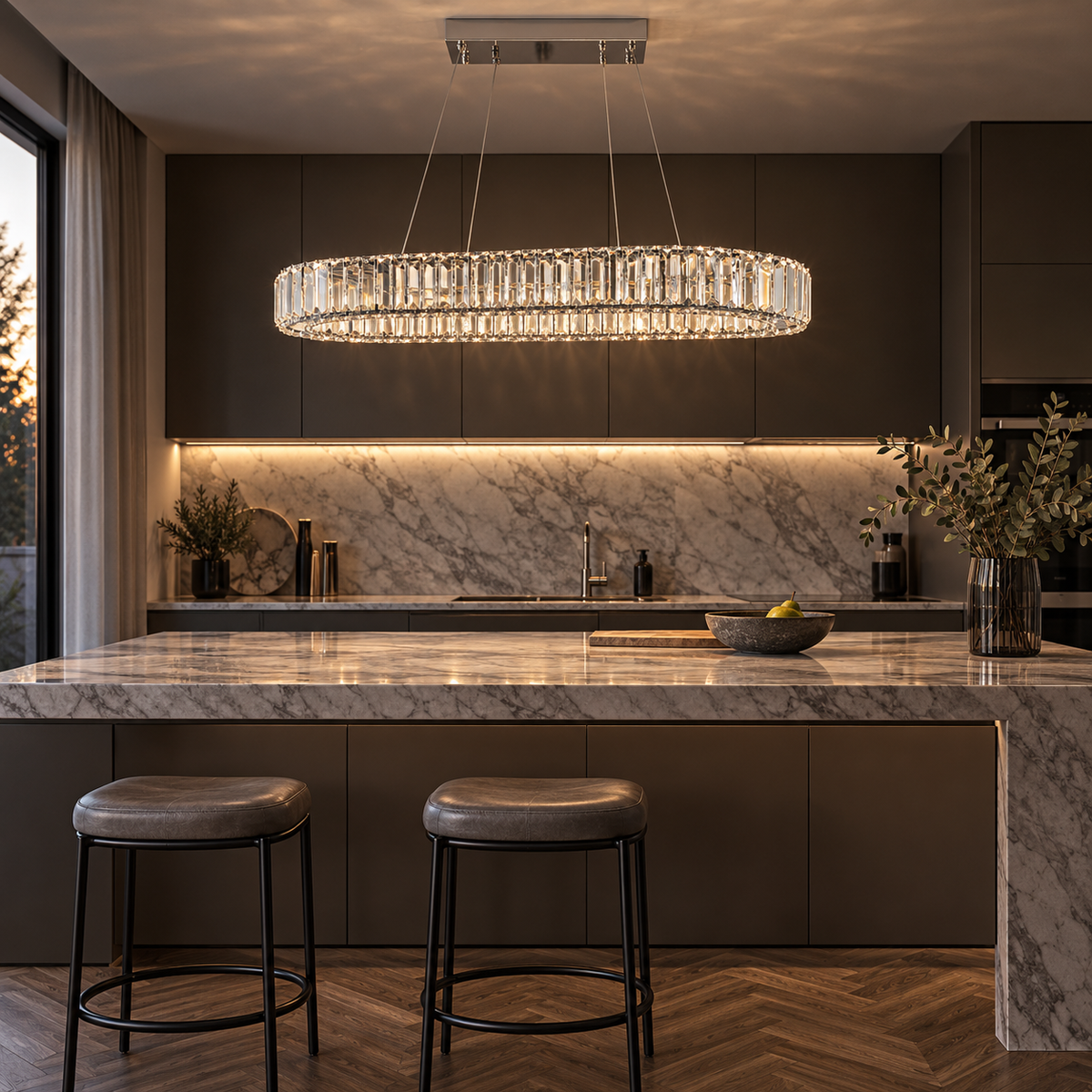 Suspension linéaire ovale en cristal K9 Ovalia au-dessus d'un îlot de cuisine