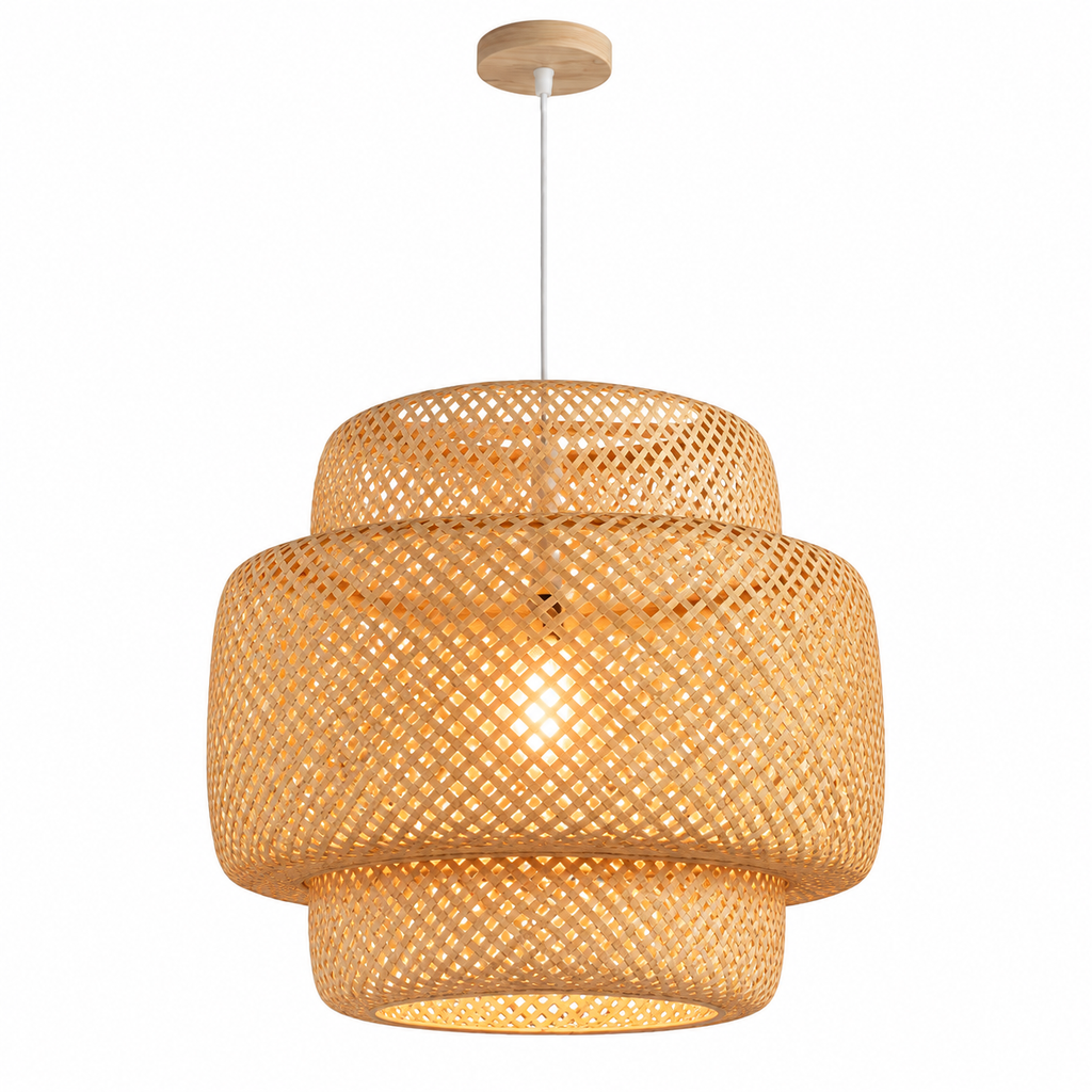 Suspension cloche en bambou tressé Talvea sur fond blanc