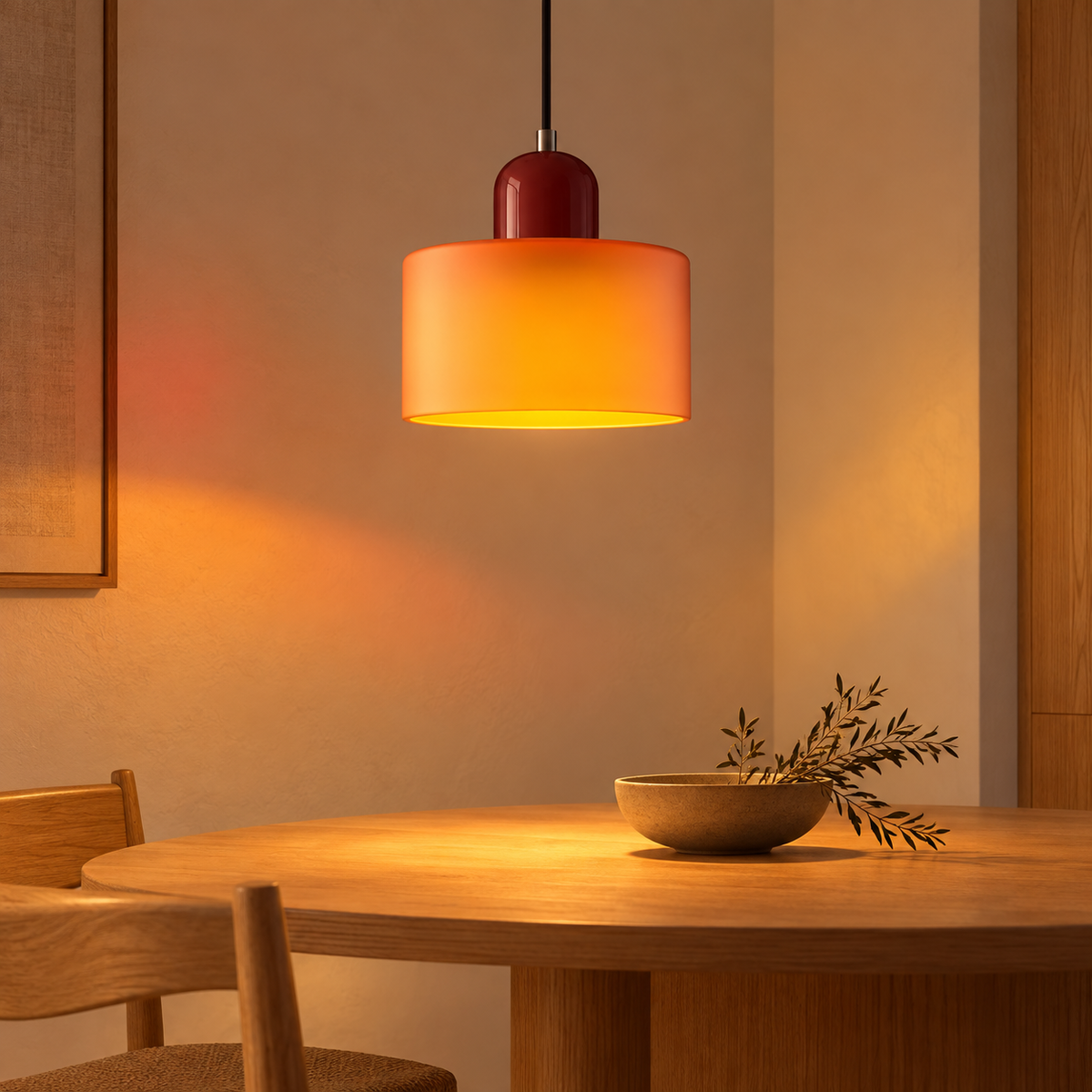Suspension en verre ambré allumée, diffusant une lumière chaude dans une salle à manger japandi.
