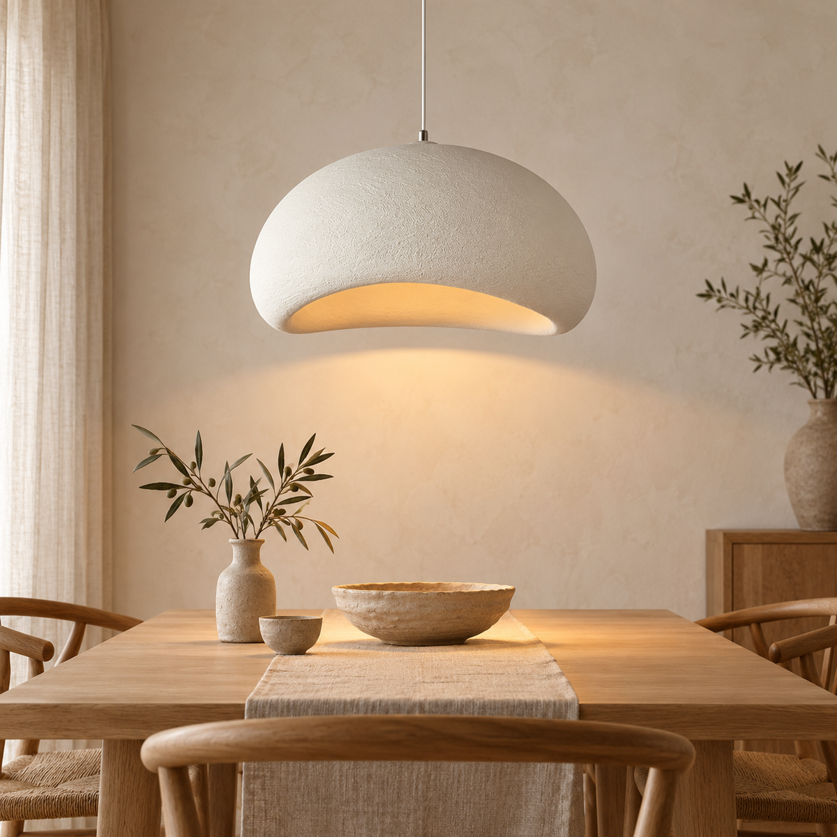 Suspension Nivora blanche forme B à dôme mat texturé au-dessus d’une table en chêne clair dans une salle à manger japandi.