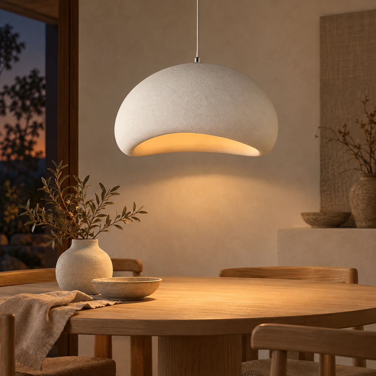 Dôme blanc texturé Nivora allumé au-dessus d’une table dans une salle à manger japandi à la lumière du soir.