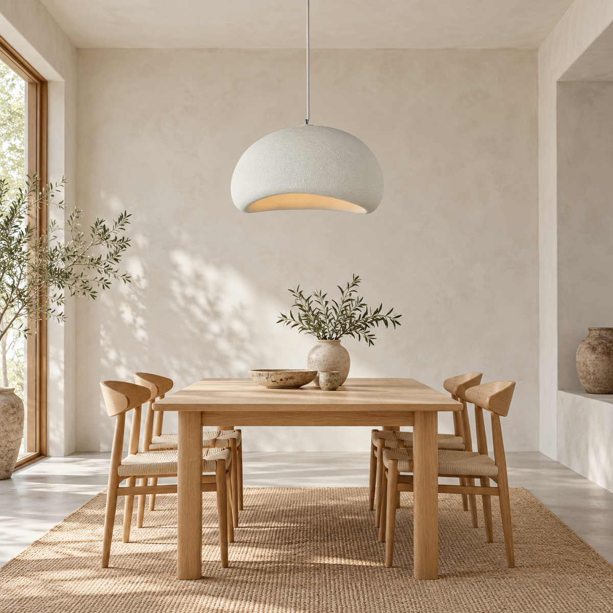 Suspension blanche Nivora forme B au-dessus d’une table japandi à quatre places, dans une salle lumineuse aux murs clairs.