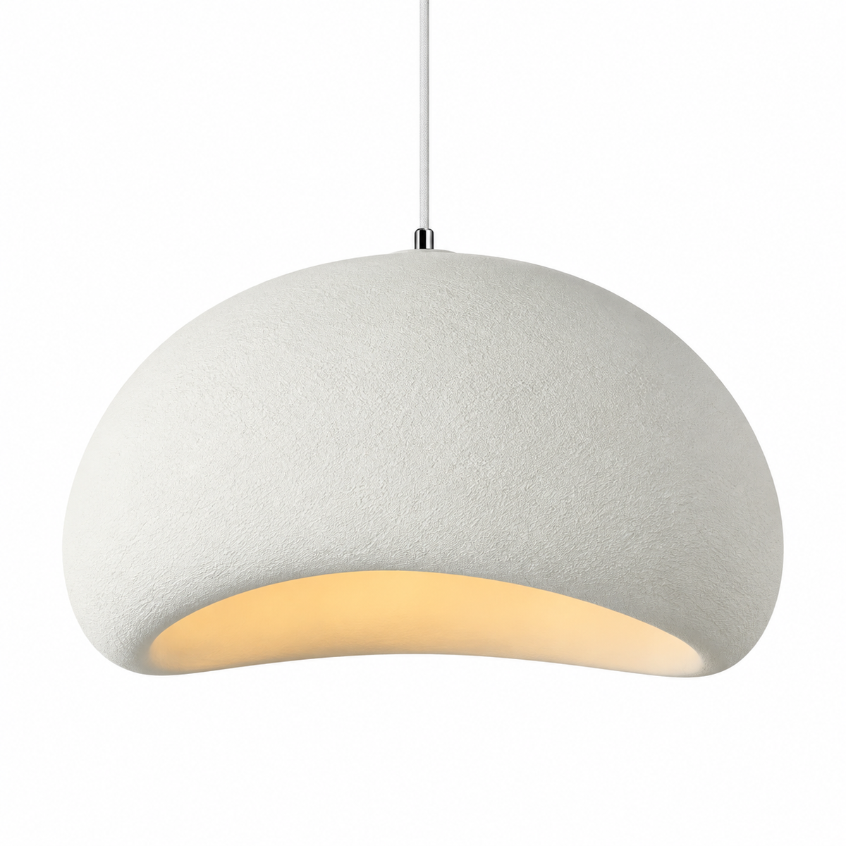 Suspension Nivora blanche forme B en diamètre 40 cm, dôme texturé mat sur fond blanc.